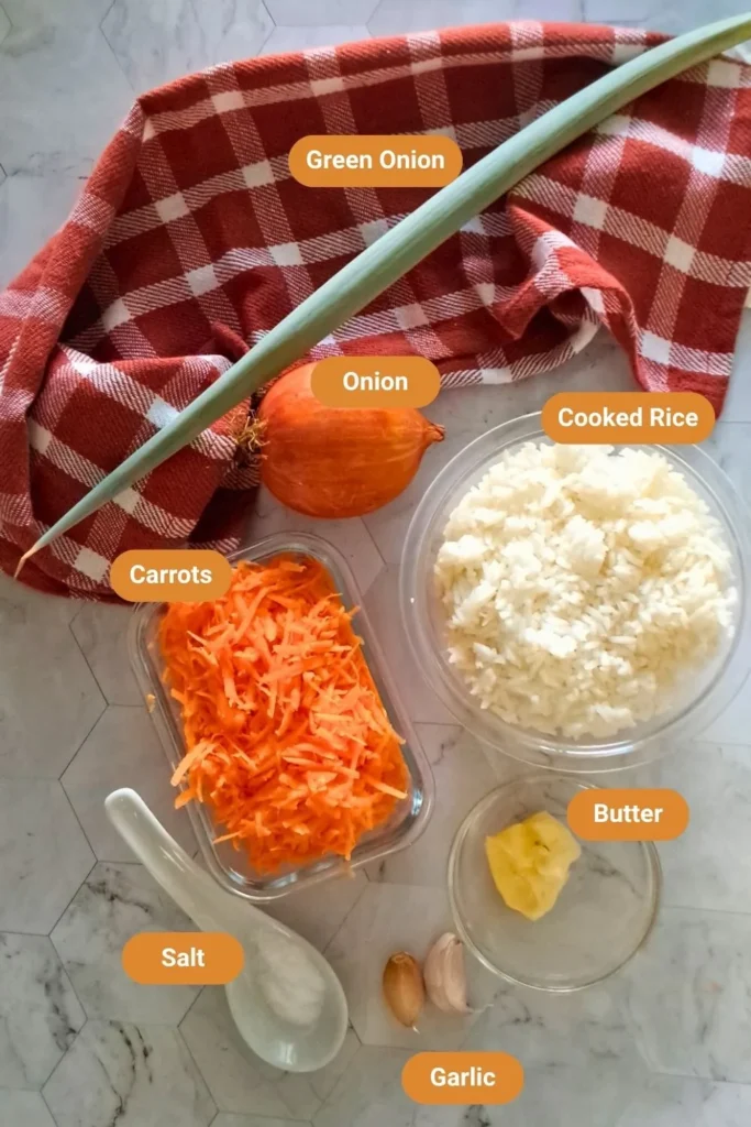 Carrot rice ingredients labeled prep